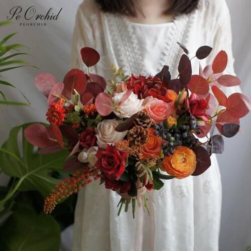 PEORCHID Colorful Red Orange Big Bouquet Bridal Flowers Bridemaids Accessoirs Pine cone Rose Real Touch Wedding Bouquet Vintage