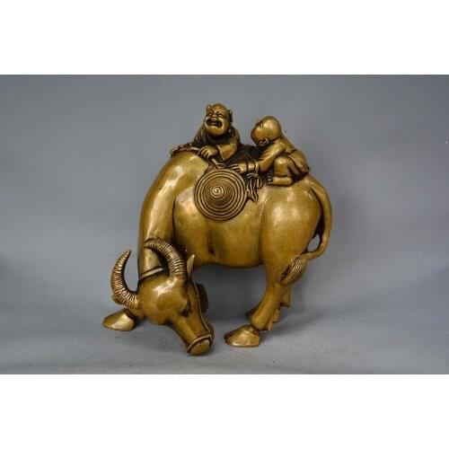 Rare Old China (1742-1789) brass cattle shepherd statue / sculpture, good arving, best collection & adornment, free shipping