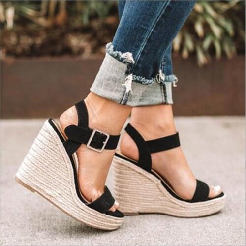 Womens Sandals Summer New Sandals Womens Large Size Spot Wedge Buckle Belt Korean Style Open Toe High Heel Womens Shoes