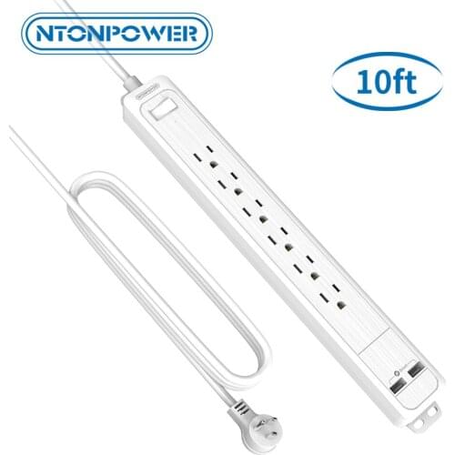 NTONPOWER 6AC Outlets Desktop Power Strip with 2 USB 1080J Surge Protector Wall Mount 10ft Extension Cord For Home/Dorm Room