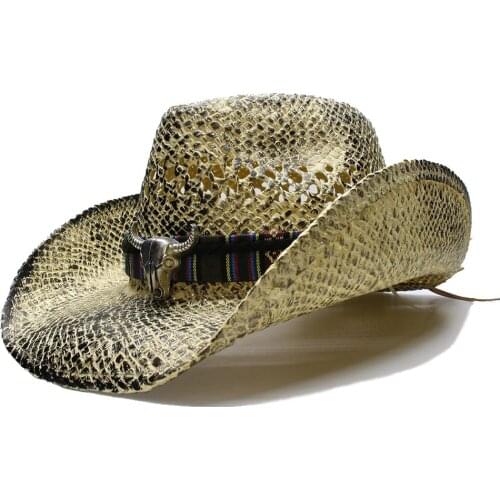 LUCKYLIANJI Summer Retro Women Mens Wide Brim Straw Sun Beach Cowboy Western Hat Hollow Out Bull Head Leather Band 58cm Adjust