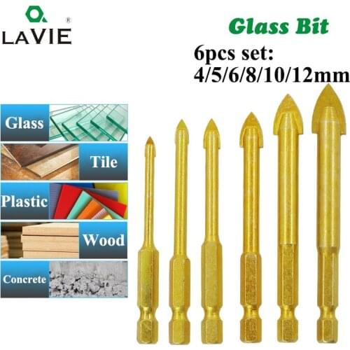 6pcs 1/4" Hex Shank Glass Bits Titanium Coated Glass Drill Set 4 5 6 8 10 12mm Tile Concrete Flat Tip Hole Bit Drilling DB02009