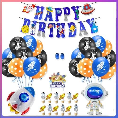 Space Theme Birthday Party Decorations for Boys, Astronauts Rockets Foil Balloon with Banner, Outerspace Sticker and Cake Topper