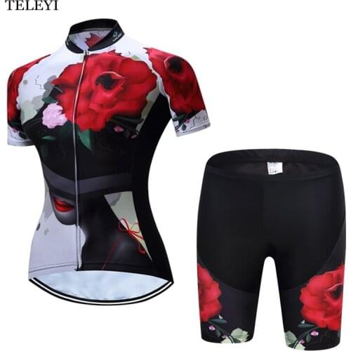 TELEYI Outdoor Ropa Ciclismo Womens Cycling Bike Short Sleeve Top Shirt Clothing Bicycle Sportwear Jersey Bib Shorts Set