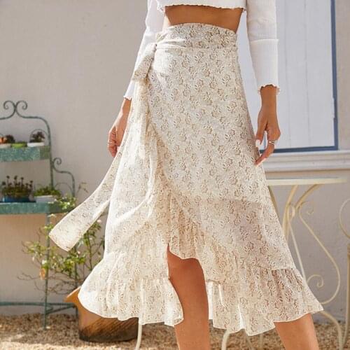 Vintage Chiffon Midi Skirts Womens 2020 Summer Floral Print High Waist Pleated Skirt Women Fashion Sexy Boho Pink Bandage Skirt