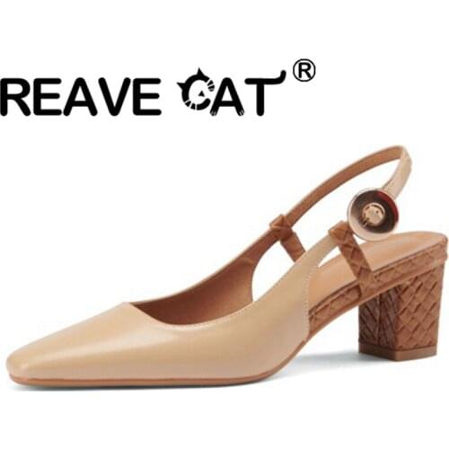 REAVE CAT 2021 Summer Concise Sandals Ankle-Wrap Pointed Toe Genuine Leather Slingbacks 5.3cm Square High Heel Big Size 33-41