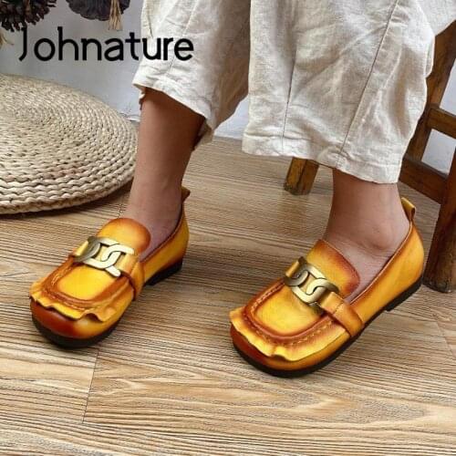Johnature Flats Women Shoes 2021 New Autumn Genuine Leather Round Toe Shallow Concise Handmade Comfortable Leisure Ladies Shoes