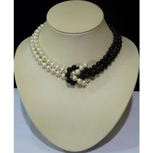 Woman jewelry 2 rows necklace 10mm white black bead Natural South Sea Shell Pearl AAA Round ball Necklaces 18'' 45cm
