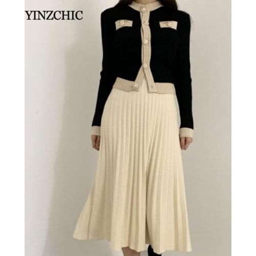 2020 Woman New Knitted 2pcs Suits Casual Open Stitch + Pleated Skirt Sets Woman Female Winter Warm Knit Sweater Skirt Sets