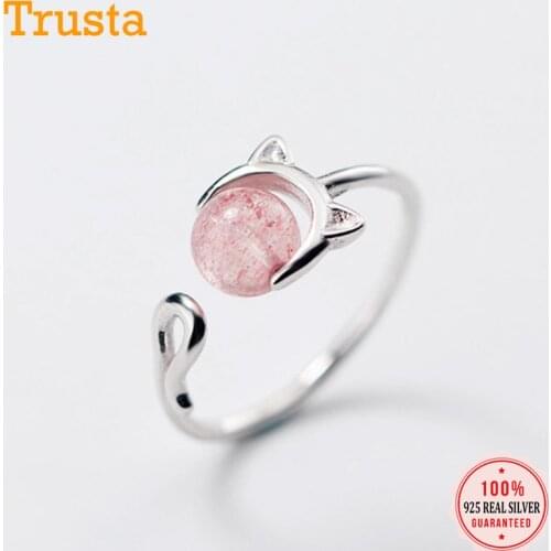 Trustdavis 925 Sterling Silver Fashion Cat Pink Strawberry Crystal Opening Finger Ring For Women Wedding Party Xmas Gift DS977