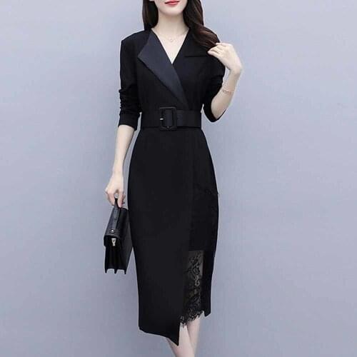 2021 New Womens Spring Autumn Dress With Nelt High Waist And Professional Temperament Goddess Black Large Size 5XL Work Dresses