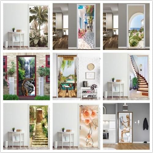 Landscape 3D Door Sticker For Living Room Bedroom PVC Waterproof Mural Self-adhesive Wallpaper For Doors DIY Renew Poster Decals
