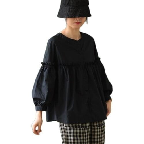 ARCSINX Mori Girl Black Women‘s Shirt Plus Size 4XL 5XL 6XL Wrist Sleeve Autumn Ruffles Womens Blouse Elgant White Shirts Women