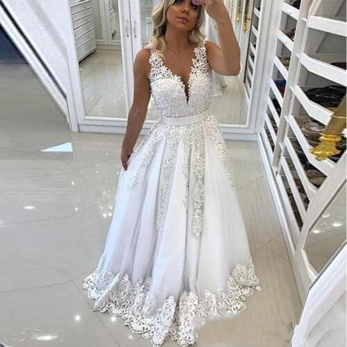 White Dress V-neck Appliques Lace With Beadings Backless Wedding Dresses 2020 robe mariage Bridal Dress