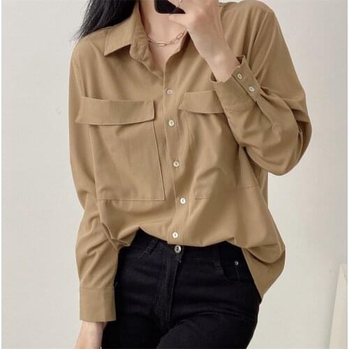ZXQJ Women 2021 Fashion With Pockets Oversized Asymmetry Blouses Vintage Long Sleeve Button-up Female Shirts Chic Tops