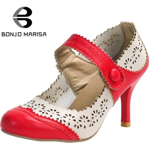 BONJOMARISA New Arrival Hot Retro Fretwork Mary Janes Fashion Thin High Heels Pumps Women Sweet Shallow Date Shoes Woman