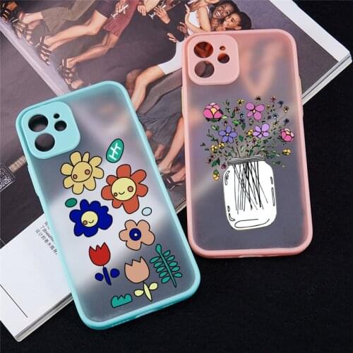 Lovely Flower Graffiti Phone Case For iPhone 12 11 Pro MAX XR 7 X XS SE2020 8 6Plus Cartoon Floral Clear Hard Matte Cover Fundas