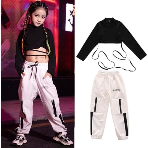 Girl Hip-Hop Clothing Kids Jazz Cheerleading Dancing Clothes Black Slim Top Team Show Performance Costume White Hip Hop Pant