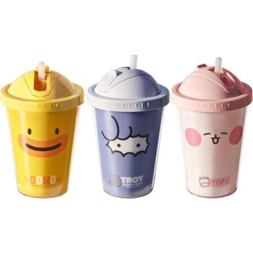 Kawaii Insulated Double Wall Reusable 380ml Plastic Space Tumbler Cup For Kids,Water Bottle With Lids And Straws & BPA Free
