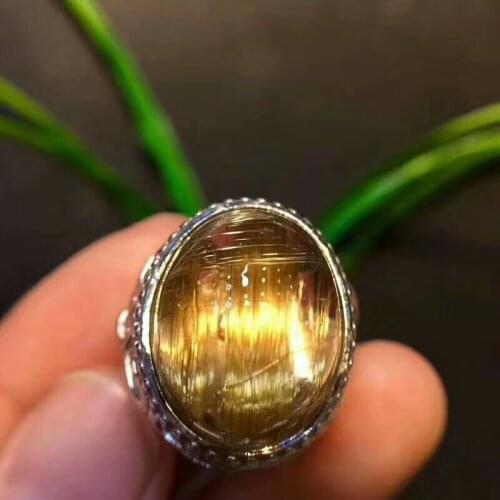 Top Quality Natural Gold Rutilated Quartz Crystal Woman Man Ring 19x15mm Adjustable Size Silver Big Bead Rings AAAAAA