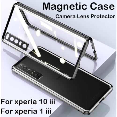 360 Full Magnetic Case For Sony Xperia 10 iii 1 iii Phone Case Aluminum Metal Bumper Tempered Glass Camera Protector Cover Coque