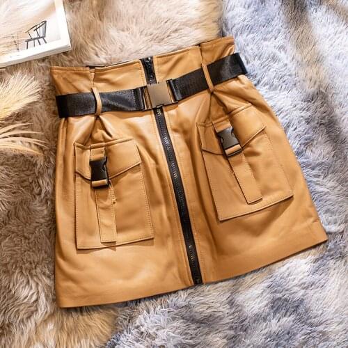 Fashion High Quality Real Sheepskin Leather Skirts for Women Summer 2021 Female Mini Skirts Slim Cargo Skirt Spodnica Zjt2464