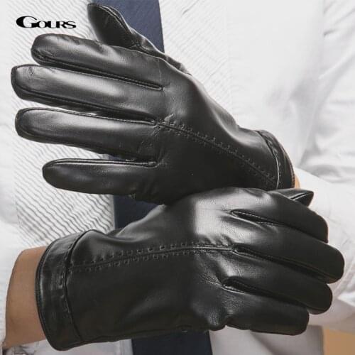Gours Winter Genuine Leather Gloves Men Black Real Goatskin Finger Gloves Fashion Brand Driving Mittens Warm New Arrival GSM035