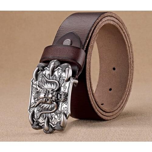 Mens new Style Cowskin Leather Belt Pure Genuine Leather Dragon buckle belt Retro men Smooth buckle belt for jeans