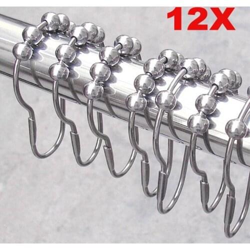 12Pcs/pack High Quality Silver Set Package Polished Satin Nickel 5 Roller Ball Shower Curtain Rings Hooks Bath Room Too