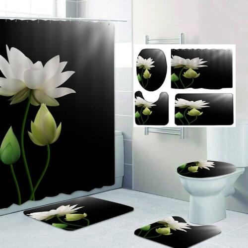 Lotus Bloom Set Carpet Toilet Cover Bath Mat Sets Bathroom Curtain Waterproof With 12 Hooks Home Deco Free Ship