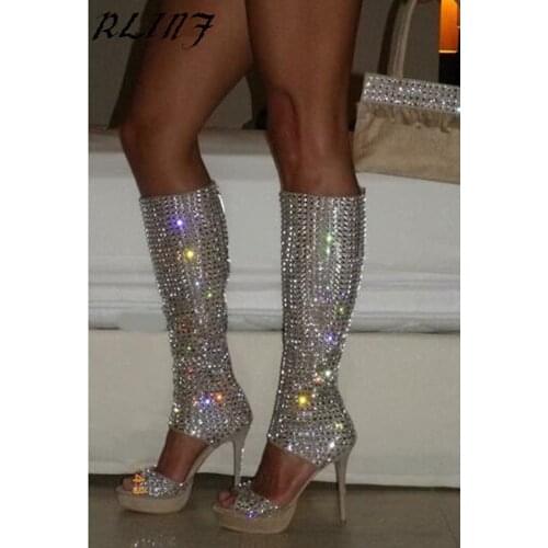 New Fashion Women Open Toe Rhinestone High Platform Gladiator Boots Cut-out Knee High Crystal High Heel Boots Dress Shoes