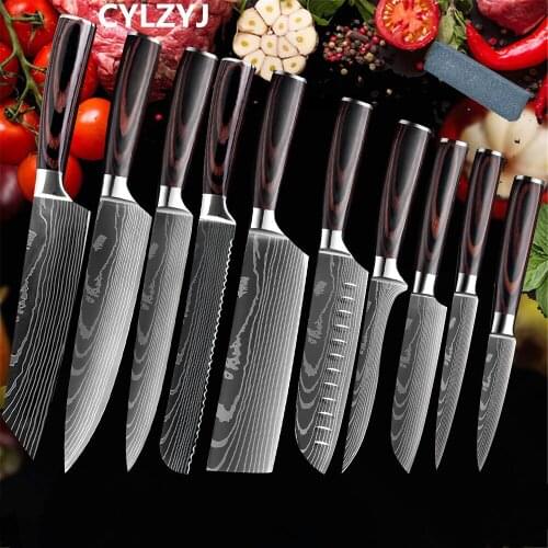 Chef knife 1-10 Pcs Set Kitchen Knives Laser Damascus Pattern Sharp Japanese Santoku Knife Cleaver Slicing Utility Knife Set