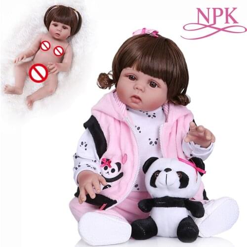 NPK 49CM bebe doll reborn toddler girl doll baby girl in panda dress full body soft silicone realistic baby bath toy