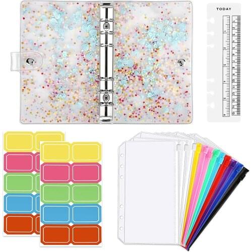 A6 Budget Binder Cover with 12 Pieces Clear Cash Envelopes Waterproof PVC Zipper Binder Cash Envelopes for Money Budgeting