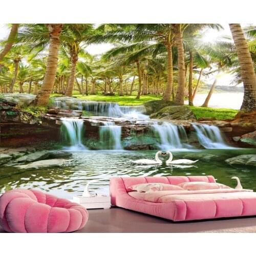 Beibehang Custom wallpaper Hainan Island Coconut Forest Waterfall Waterfall HD Landscape TV Sofa Background Wall 3d wallpaper