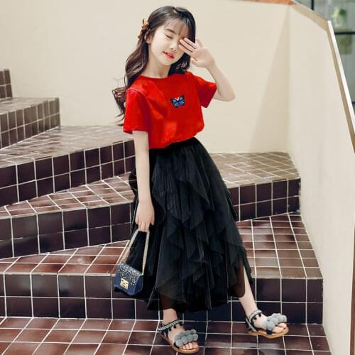 10 12 14 years Old Girls Mesh Skirts Clothes Set Summer Casual Elegant Teen Big Outfit T-shirt Skirt Mesh Princess Kid Clothing