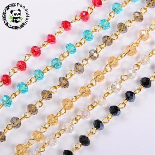 6mm Handmade Abacus Glass Beads Golden Chains for Neckalces Bracelets Making DIY Jewelry Findings ,39.3"(1m)/Strand,5Strands/lot