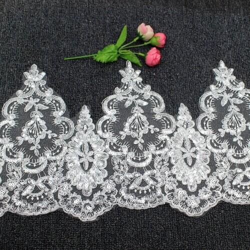 YACKALASI 5 Yards/Lot Bridal Dress Lace White Sequined Wedding Lace Appliques Sashes Flower Embroidered Trims Scalloped 22CM