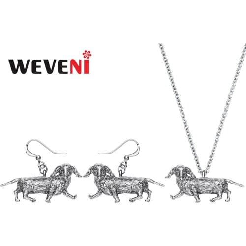 WEVENI Alloy Plated Antique Gold Dachshund Dog Jewelry Sets Metal Animal Earrings Necklace Jewelry For Women Kid Birthday Gift