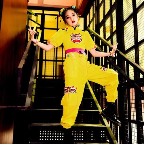 Yellow Street Dance Dancewear Girls Chinese Style Jazz Dancing Clothing Catwalk Show Hip Hop Performance Stage Costume VDB3877