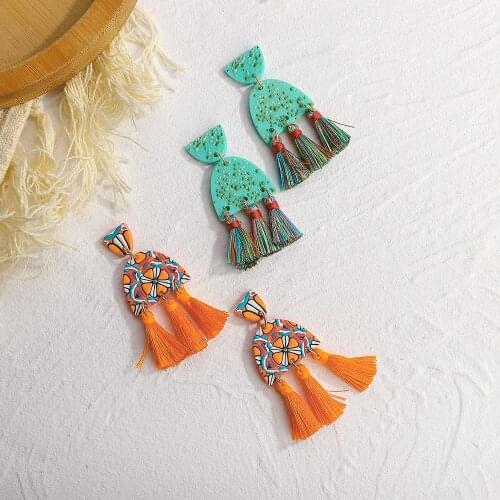 AMORCOME 2020 Bohemian Colorful Printing Geometric Semicircle Acrylic Earrings for Women Long Fringe Tassel Drop Earrings Brinco