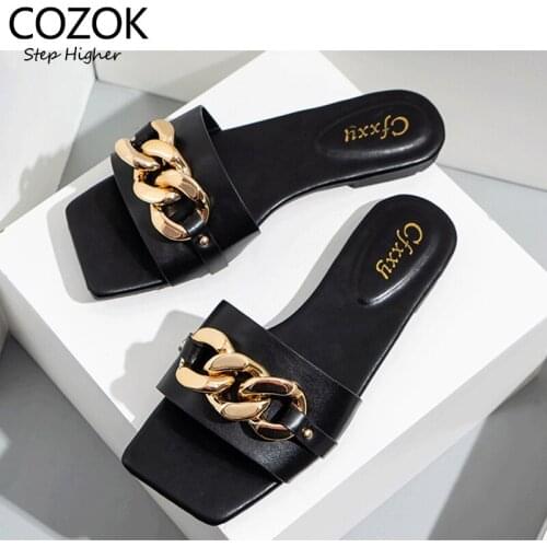2021Women Summer Slippers Fashion Metal Decoration Female Shoes Causal Ladies Square Toe Flat Outdoor Slides Open Toe Lady Shoes