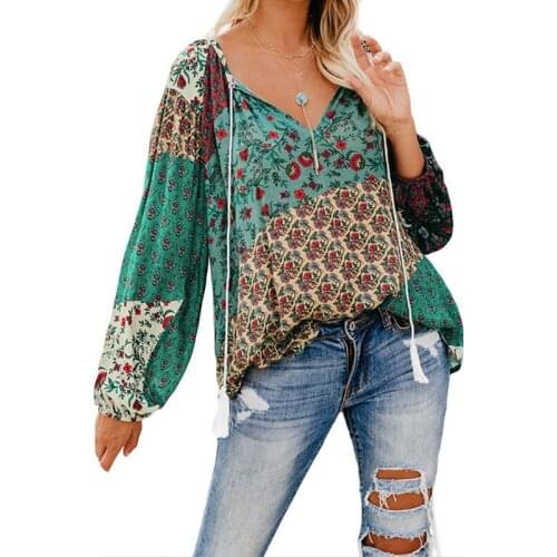 Tassel Draw String Deep V Neck Long Sleeve Vintage Print Pullovers Shirt Women Casual Loose Plus Size Streetwear Tops And Blouse