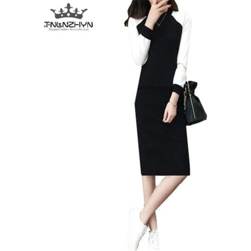 Tnlnzhyn 2019 Spring Fall Women Knitted Suit Long sleeve Tops and Midi Skirts Sets 2 Pieces Set Suit Dress Casual Suit Sets Y344
