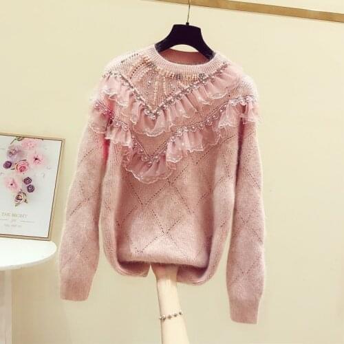 Autumn Winter Knitted Round Neck Pullover Sweater Women Casual Loose Jumper Ladies Lace Stitching Sequin Beaded Sweater Female