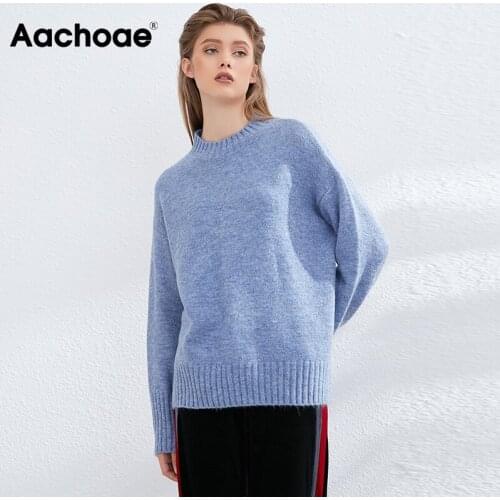 Aachoae Women Elegant Solid Color Sweaters Basic O Neck Batwing Long Sleeve Knitted Tops Female Autumn Winter Fashion Jumper Top