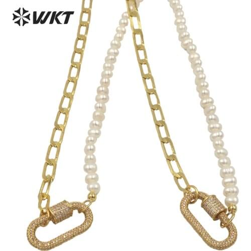WT-MN975 Wholesale Gorgeous handmade natural pearl clasp necklace women gold chain 16 inch short pearl necklace