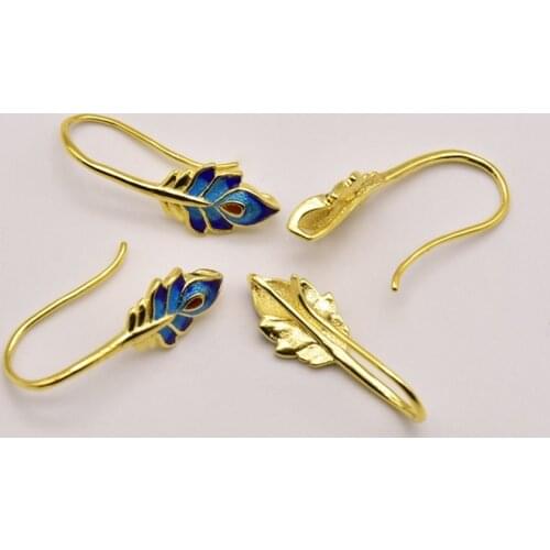 1 Pair 24mm*8mm Cloisonne Style Burnt Blue Peacock Pattern Ear Hooks Brass Gold Plated Earring Findings Accessories JA0304