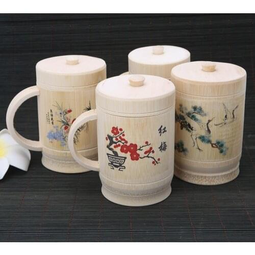 1Pc Traditional Chinese Painting Teacup Handmade Natural Bamboo Cup With Lid Set For Tea Water Color Random
