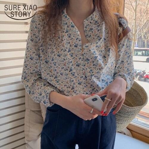 2021 New Autumn Fashion Sweet Floral Elegant Long Sleeve V-neck Shirt Women Korean Loose Chic Retro Blouse chemisier femme 10189
